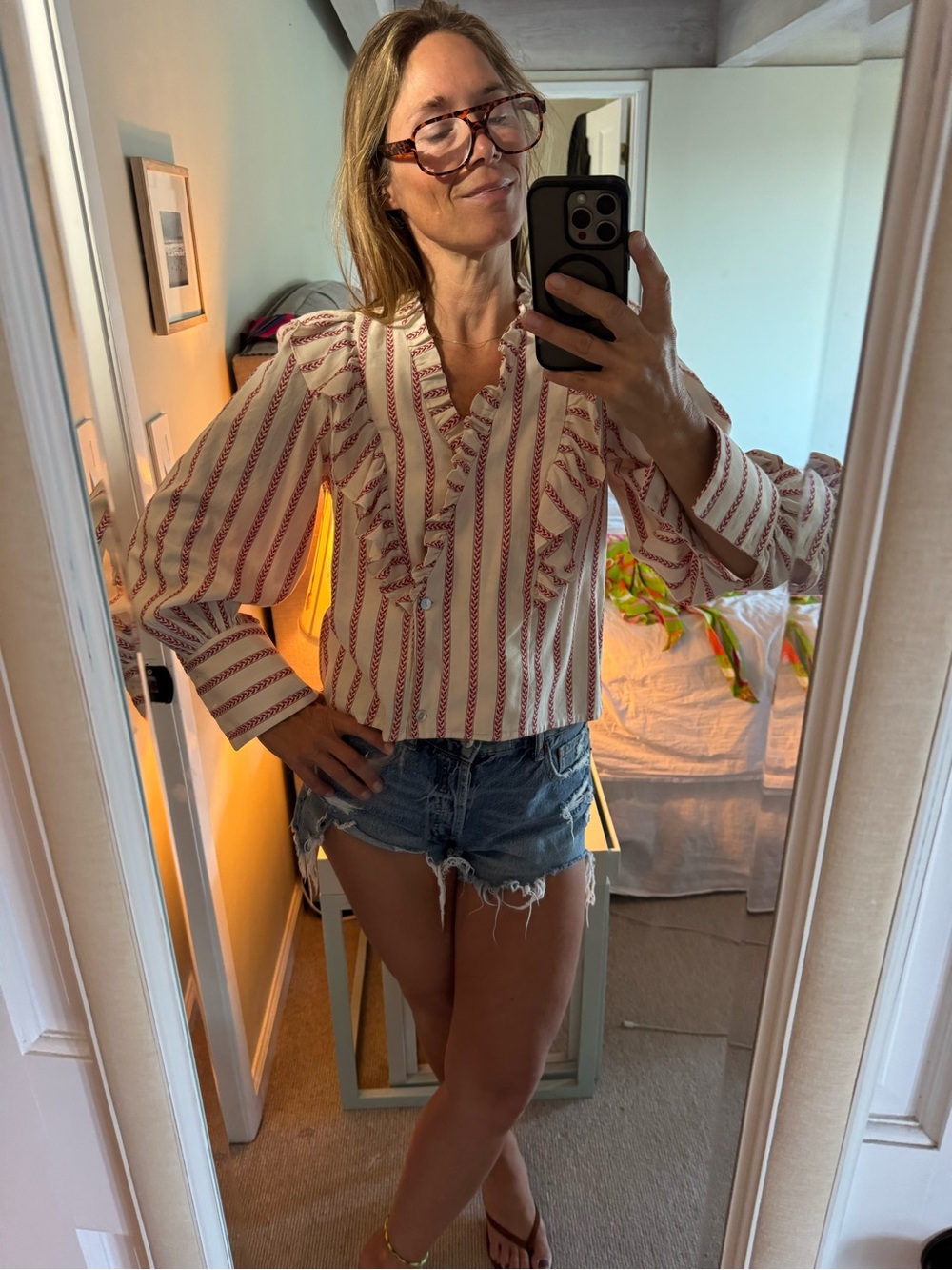 FRNCH Cream Blouse with Red Stripes and Ruffle Trim